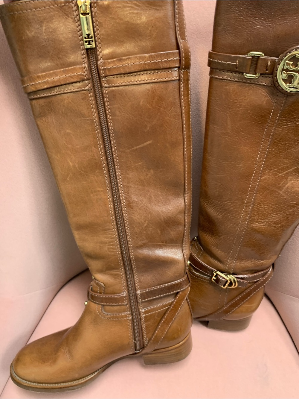 Tory Burch Brown Leather Tall Riding Boots with Gold Logo - Picture 5 of 5